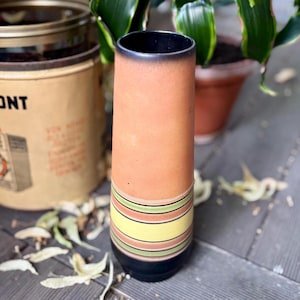 East German (GDR) vase VEB Georgenthal 101 | Mid-Century Ceramic Vase, Orange Striped | Vintage 1960s Flower Vase, East German Nostalgia Floor Vase