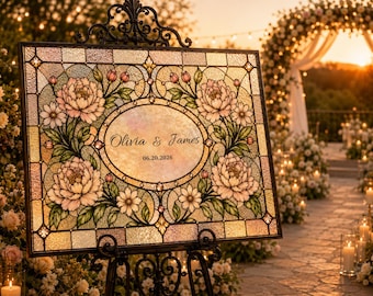 May include: A rectangular stained glass wedding sign featuring a central oval with the text Olivia & James and the date 06.20.2026. The glass is decorated with pink peony flowers, green leaves, and white daisies, all framed by a black metal border.