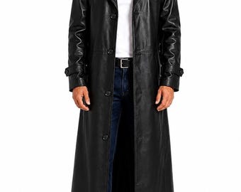 Men's Black Leather Trench Coat, Genuine Leather Overcoat, Halloween Costumes, Long Winter Coat, Gift For Him