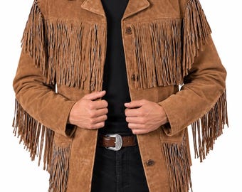 Men's Vintage Fringe Leather Suede Jacket, Handmade Cowboy Rodeo Style, Western Boho Festival Wear