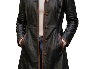 Genuine Lambskin Leather Long Coat, Black Trench Overcoat, Handmade Vintage Style, Women Leather Coat, Winter Coat, Christmas Gift for Her