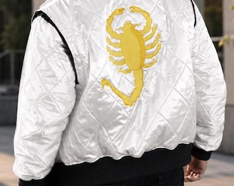 Movie Inspired White Satin Scorpion Embroidered Bomber Jacket Men, Lightweight Casual Varsity Style Halloween jacket Party Costume