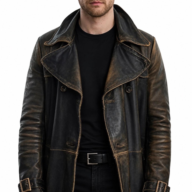 May include: A distressed black and brown leather trench coat featuring a wide lapel collar, double-breasted button closure, and buckled straps at the cuffs. The leather has a worn, vintage-inspired finish with visible colour variations throughout.