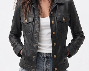 Women's Genuine Sheepskin Leather Trucker Jacket, Slate Black Vintage Western Biker Style, Cropped Winter Jacket, Gift for Her