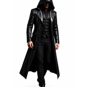 May include: A long black leather trench coat featuring a pointed hood, wide lapels, and long sleeves. The coat is worn over a black button-down shirt, a black vest, black trousers, and black leather boots, creating a monochromatic dark ensemble.