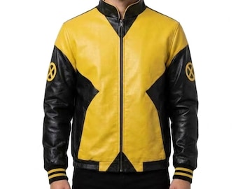 Mutant Inspired Yellow Black Colorblock Leather Bomber Jacket, Comic Style Cosplay Jacket, Superhero Costume Jacket, Halloween Gift For Him