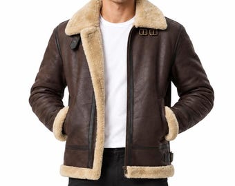 Men's Brown Shearling Leather Jacket, B3 Bomber Aviator Style, Real Sheepskin Leather Winter Coat, Gaming Cosplay Jacket, Halloween Costume