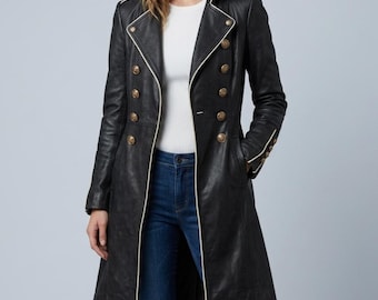 Women's Black Genuine Sheep Leather Military Trench Coat, Double Breasted Gold Button Long Coat, Vintage Style Winter Jacket, Christmas Gift