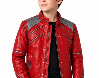 Boys Pop Star MJ Style Red Leather Halloween Jacket, Vintage 80s Pop Icon Biker Jacket, Retro Concert Costume, Iconic Dance Outfit for Kids