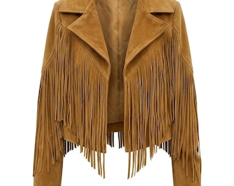 Vintage Inspired Camel Brown Fringe Suede Jacket, Western Boho Style for Women, Handmade Jacket