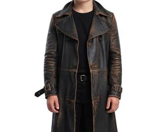 Kids Distressed Brown Leather Trench Coat, Boys Long Vintage Duster, Gothic Steampunk Halloween Costume, Winter Jacket Gift for Boys