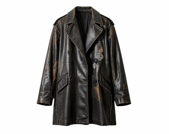 Men's Black Distressed Leather Trench Coat, Vintage Long Leather Coat, Double Breasted Winter Coat, Handmade Gift for Him