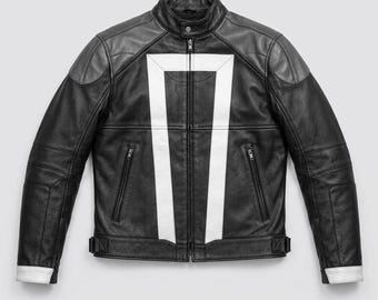 Mens Black White Stripe Leather Biker Jacket, Superhero Ghost Style Rider Jacket, Halloween Cosplay jacket, Racing Jacket, Gift for him