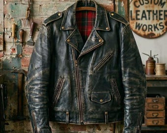 Distressed Black Sheepskin Leather Motorcycle Jacket for Men, Rugged Vintage Biker Jacket, Handmade Retro Moto Riding Coat, Gift for Him