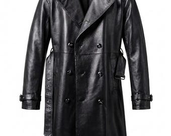 Men's Black Leather Trench Coat, Long Double Breasted Belted Overcoat, Gothic Duster Coat, Real Leather Winter Coat, Halloween Gift for Him
