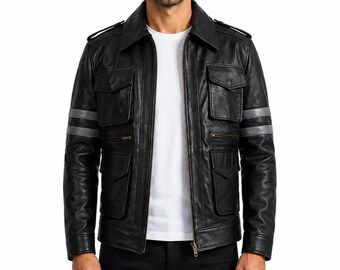Men's Black Leather Gaming Cosplay Jacket, Video Game Character Costume, Halloween Jacket, Multi Pocket Biker Jacket, Gamer Gift