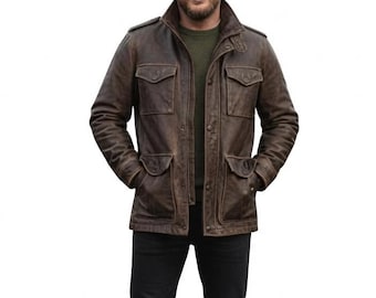 Distressed Brown Leather Pocket Jacket | Vintage Military Style Coat | Men's Four-Pocket Casual Outerwear | Antique Cognac Safari Jacket