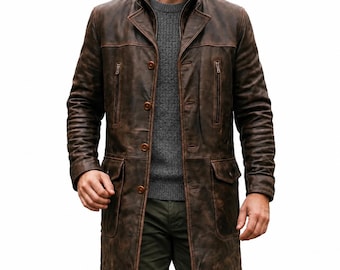 Men's Distressed Brown Leather Trench Coat | Vintage Style Real Leather Car Coat | Handmade Long Leather Winter Jacket, Gift for Him