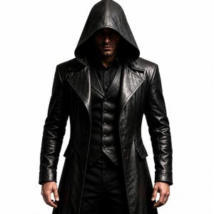 May include: A black leather trench coat featuring a hood, wide lapels, and two front flap pockets. The coat is worn over a black button-down shirt and a matching black vest. The garment has long sleeves with cuffs and a structured, tailored fit.