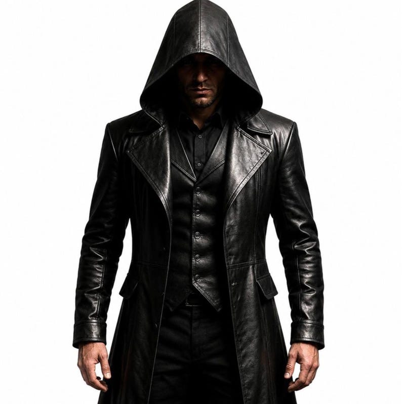 May include: A black leather trench coat featuring a hood, wide lapels, and two front flap pockets. The coat is worn over a black button-down shirt and a matching black vest. The garment has long sleeves with cuffs and a structured, tailored fit.