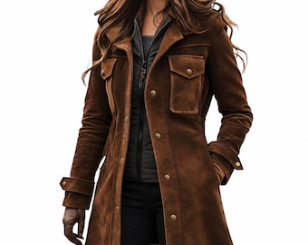 Handmade Women’s Brown Suede leather Trench Coat – Vintage Long Suede Coat | Classic Button Overcoat | Halloween Winter Coat Gift For Her