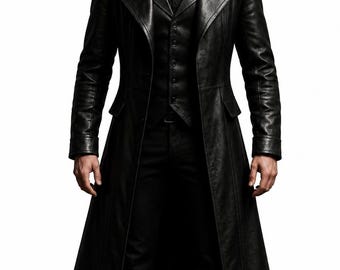 Men's Hooded Leather Trench Coat, Black Gothic Long Leather Coat, Assassin Style Jacket, Dark Fantasy Hooded Coat, Halloween Cosplay Costume
