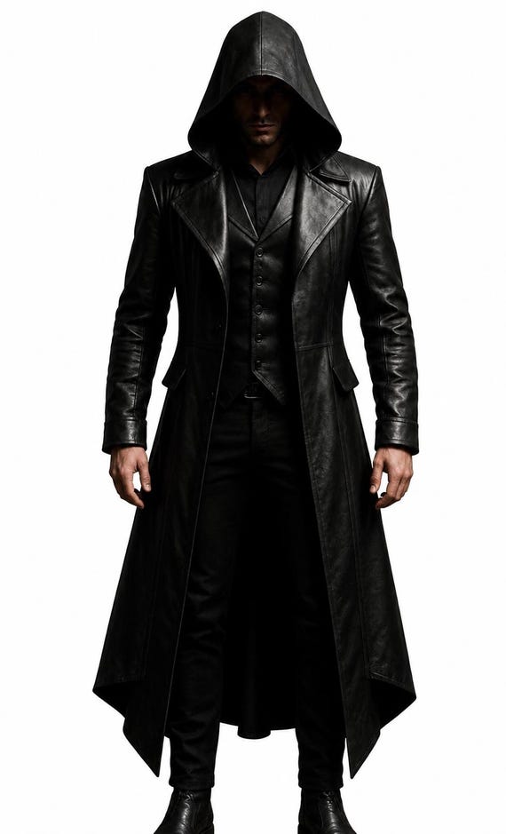 Men's Hooded Leather Trench Coat, Black Gothic Long Leather Coat, Assassin Style Jacket, Dark Fantasy Hooded Coat, Halloween Cosplay Costume