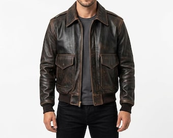 Mens A2 Aviator Bomber Leather Jacket, Vintage Distressed Brown Military Jacket, Genuine Leather Pilot Coat, Winter Jacket, Gift For Him