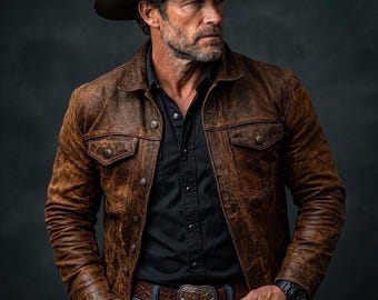 Mens Vintage Brown Lambskin Leather Trucker Jacket | Rustic Western Cowboy Coat | Distressed Leather Biker Jacket | Halloween Costume Gift