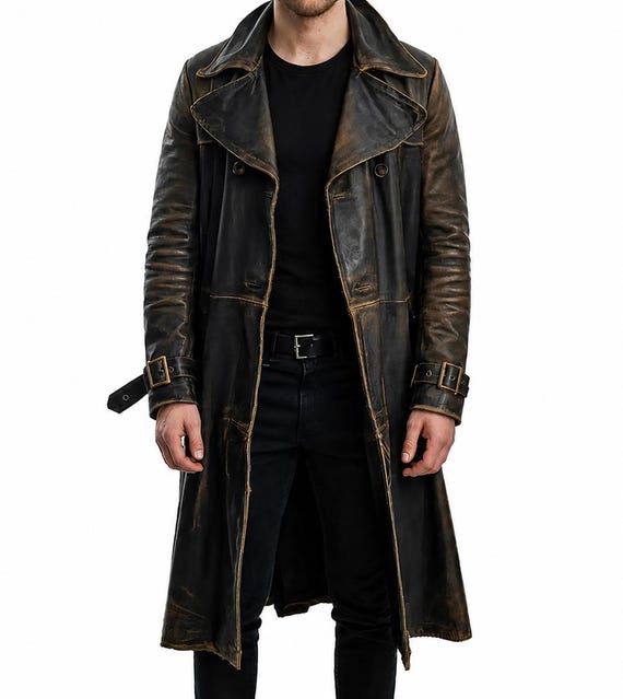 Mens Distressed Sheepskin Leather Trench Coat, Long Vintage Leather Duster Coat, Double Breasted Gothic Steampunk Halloween Coat