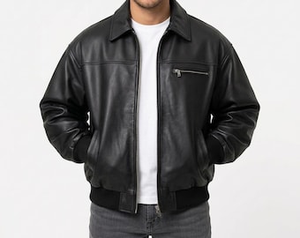 Men's Vintage Black Leather Bomber Jacket, Handmade Oversized Baggy Fit, Ribbed Collar & Cuffs, Gift for Him, Boyfriend Gift