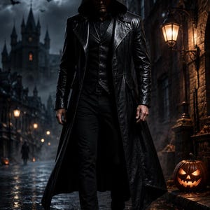 Men's gothic hooded leather coat for Halloween cosplay