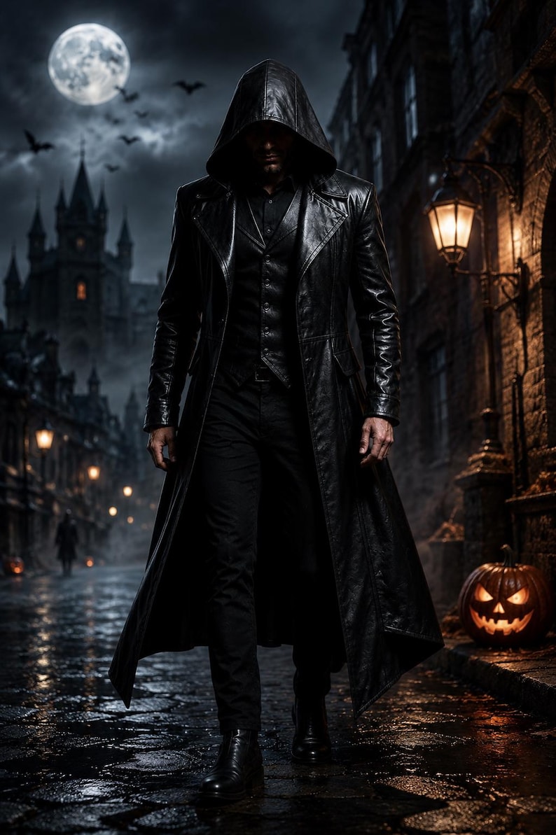 Men's gothic hooded leather coat for Halloween cosplay