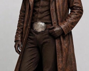 Men's Full Length Brown Leather Duster Coat, Western Cowboy Trench Style, Distressed Vintage Long Leather Coat, Gothic Halloween Costume