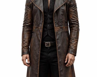 Men's Distressed Brown Leather Trench Coat, Vintage Long Leather Duster Coat, Gothic Halloween Costumes, Winter Coat, Gift For Him