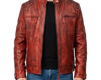 Mens Handmade Distressed Burgundy Red Cafe Racer Leather Jacket, Vintage Motorcycle Racing Jacket, Diamond Quilted Biker Jacket