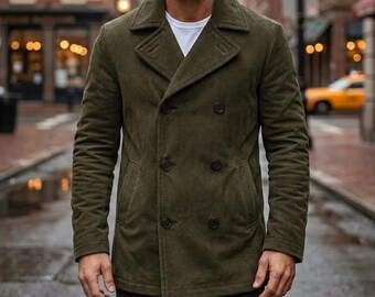 Men's Olive Green Suede Leather Peacoat, Vintage Double Breasted Military Style Overcoat, Real Suede Winter Coat, Gift for Him