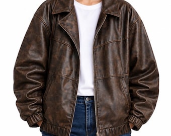 Vintage Distressed Brown Leather Bomber Jacket Classic Aviator Style Heavy-Duty Women’s Leather Winter Jacket with Pockets and Elastic Cuffs