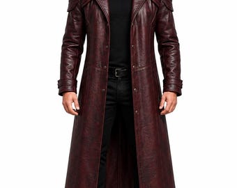 Men's Burgundy Genuine Leather Trench Coat, Halloween Costume, Long Winter Coat, Armored Shoulder Design, Cosplay Costume, Gift for Him