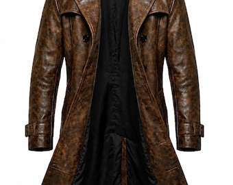 Men's Distressed Brown Leather Trench Coat, Vintage Double-Breasted Long Duster Overcoat with Belted Sleeves, Halloween Costume