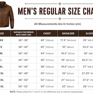 May include: A brown leather jacket displayed next to a size chart titled MEN'S REGULAR SIZE CHART. The table lists sizes from XS to 4XL with corresponding chest, shoulder, and sleeve measurements in inches and centimetres for accurate sizing.