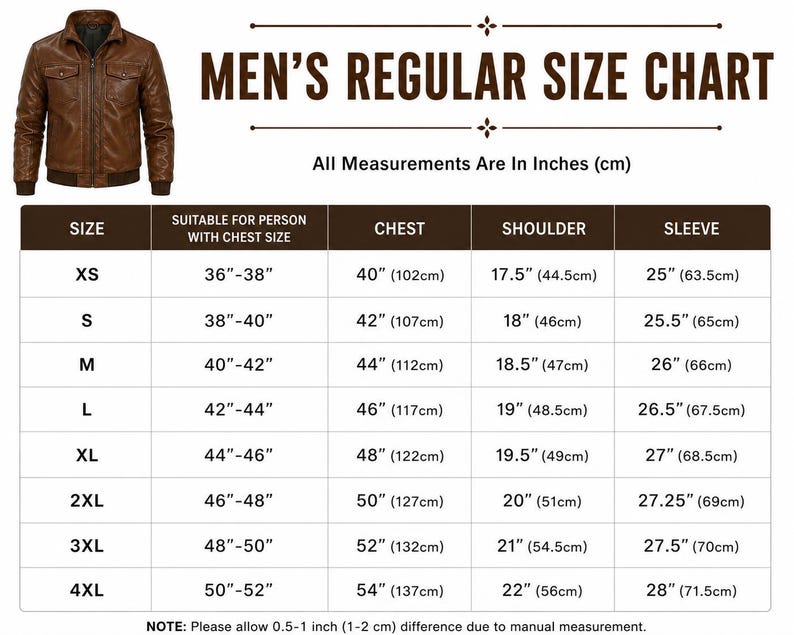 May include: A brown leather jacket displayed next to a size chart titled MEN'S REGULAR SIZE CHART. The table lists sizes from XS to 4XL with corresponding chest, shoulder, and sleeve measurements in inches and centimetres for accurate sizing.