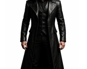 Men's Black Leather Hooded Trench Coat, Gothic Long Winter Coat, Steampunk Assassin Style Duster, Leather Coat for Men, Halloween Costumes