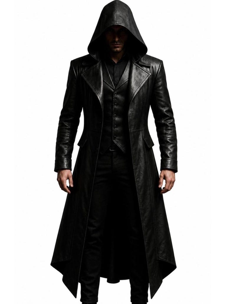 May include: A black leather trench coat featuring a pointed hood, wide lapels, and long sleeves. The coat is worn over a matching black button-up vest and black trousers. The garment has a structured fit with a long, flowing hemline that reaches below the knees, creating a sleek, monochromatic appearance.