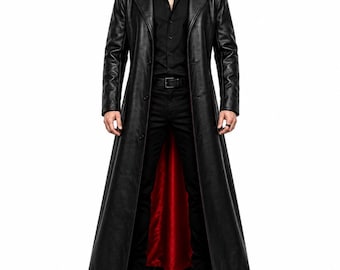 Men's Genuine Black Sheepskin Leather Trench Coat, Halloween Vampire Costume, Red Lined Gothic Duster, Long Winter Coat, Gift For Him