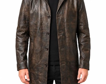 Men's Distressed Brown Leather Trench Coat, Vintage Long Leather Coat, TV Series Inspired Cosplay Jacket, Winter Coat, Halloween Costume