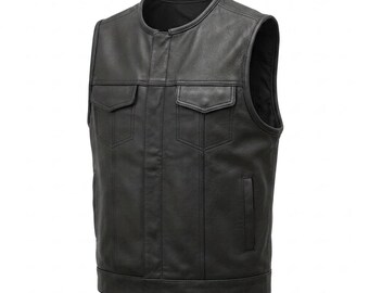 Men's Club Style Leather Motorcycle Vest, MC Biker Cut With Concealed Carry Pocket, Cowhide Riding Vest, Men Leather Vest, Gift for Him