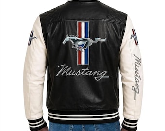 Handmade Ford Mustang Leather Jacket, Men's Racing Bomber Varsity Style Jacket with Embroidered Mustang Logo, Gift For Him