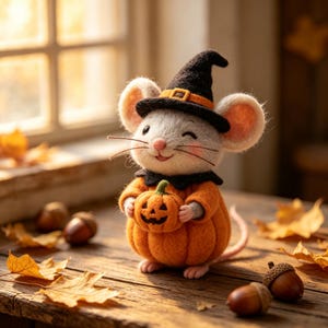 May include: A needle-felted mouse figurine wearing a black witch hat with an orange band and a matching orange pumpkin-shaped outfit. The mouse has pink-tinted cheeks, a small pink nose, and is holding a miniature carved jack-o'-lantern.