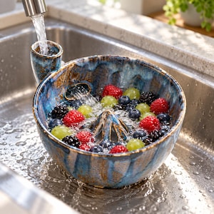 Op de afbeelding: Een ronde bessenzeef van blauw en bruin geglazuurd keramiek met een ingebouwde handgreep en een centrale afvoerkegel. De kom is gevuld met verse frambozen, bramen en groene druiven die onder een stroom water worden afgespoeld.